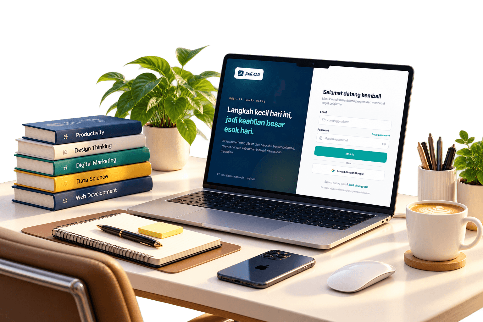 Workspace modern Jadi Ahli dengan laptop yang menampilkan platform belajar digital